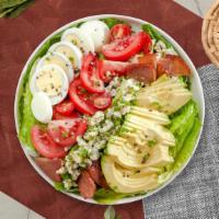 Cobb Club Salad · (Vegetarian) Romaine hearts, blue cheese, bacon, hard-boiled pastured egg, avocado, and toma...