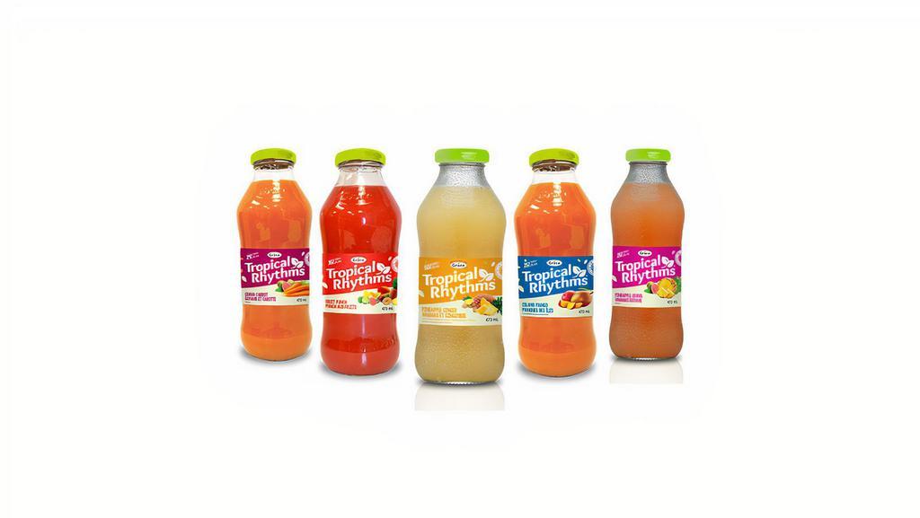 Tropical Rhythms  (16Oz) · Feel the rhythm of the tropics with our seven exotic Caribbean Fruit and Vegetable blends. Specially formulated to capture and maintain their natural flavors and they taste great in cocktails too!