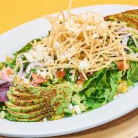 Mexican Salad · Grilled corn, avocado, onions, tomatoes, cucumber, crunchy tortilla croutons, nopal, queso f...