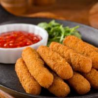 6 Piece Mozzarella Sticks · Golden, stretchy, fried mozzarella sticks.