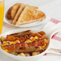 The Country'S Best Skillet · Scrambled eggs, diced ham, crumbled bacon, two sausage links, and two strips of applewood-sm...