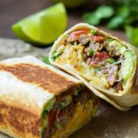 Breakfast Burrito · A Warm Tortilla Filled With Scrambled Eggs, Pepper Jack Cheese, Grilled Onions, Peppers & Ho...