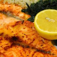 Broiled Salmon · Our fish is delivered fresh daily with rice and choice of a vegetable.