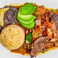 Bistec Encebollado · Sautéed beef with onions, side of rice, beans and tortillas.