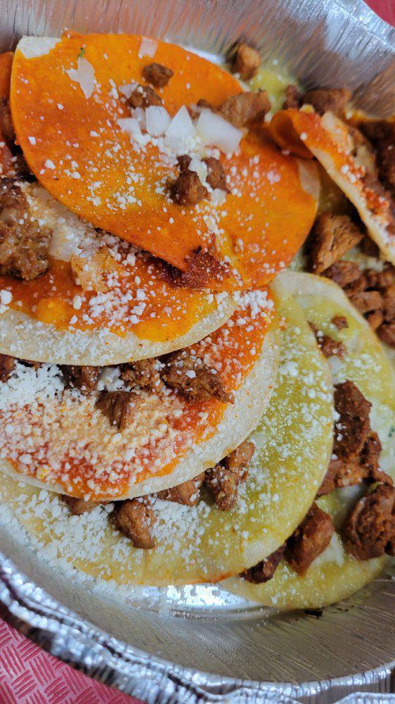 Chalupas · 8 small lightly fried corn tortillas with red and green sauce, onions, Cotija cheese and meat. Meat options: steak, chicken, tinja, chorizo, al pastor or vegetables.