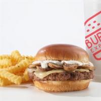 Mushroom Swiss Combo · Classic burger seasoned with our signature searing spice with swiss cheese and roasted mushr...