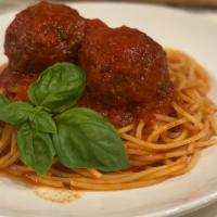 Spaghetti & Meatballs · Spaghetti with tomato & basil sauce served with two all beef house made meatballs