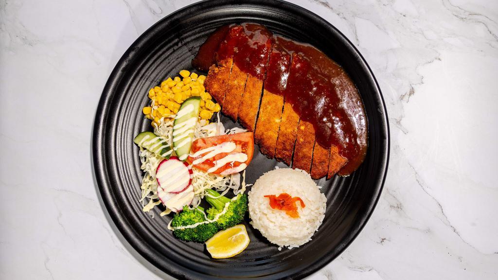 Katsu · Choice of chicken or pork. Breaded chicken or pork cutlet with katsu sauce served with rice, cabbage, corn, radish and broccoli.