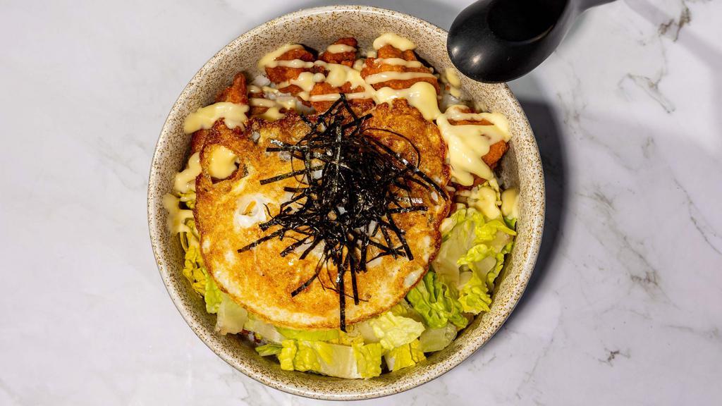 Kara Age Don · Rice bowl topped with breaded and fried chicken, pan-fried egg, seaweed and vegetable with special soy sauce and mayo.