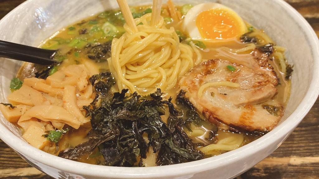 Shoyu Ramen · Noodle soup made with rich and deep flavored soy sauce. Toppings: chasyu (pork), menma, tamago egg, scallion, seaweed.