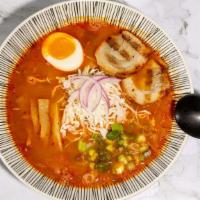 Kimchi Ramen · Spicy noodle soup flavored with kimchi and mineral salt. Toppings: chasyu(pork), menma, tama...