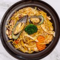 Seafood Yaki Ramen (No Broth) · Spicy pan-fried seafood noodle with our homemade soy sauce and vegetables ** no soup ** topp...