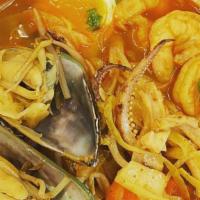 Veggie Champon (Spicy Seafood Noodle Soup) · Spicy seafood noodle soup made with vegetable broth. Toppings: shrimp, squid, mussel, bean s...