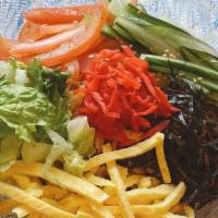 Veggie Hiyashi Chuka (No Broth) · Cold noodles with special soy sauce and vegetables **no soup** toppings: shredded egg, cucum...