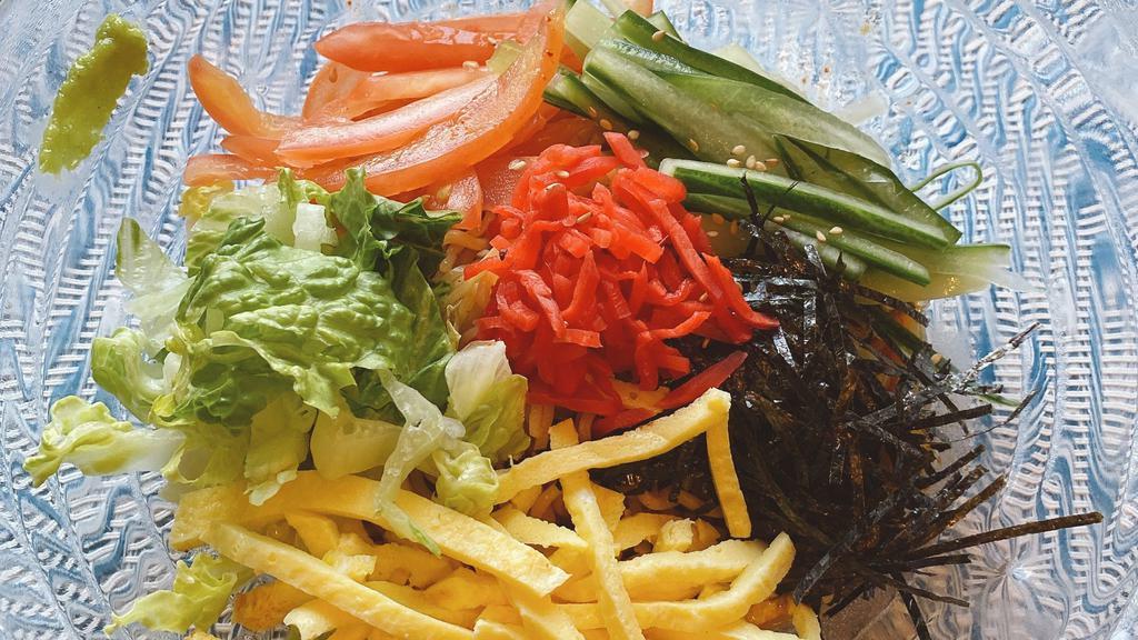 Veggie Hiyashi Chuka (No Broth) · Cold noodles with special soy sauce and vegetables **no soup** toppings: shredded egg, cucumber, seaweed, tomato, ginger, sesame seeds.