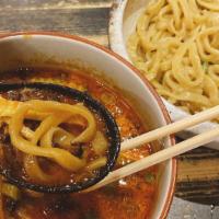 Kara Tsukemen · Cold noodle served with spicy dipping sauce flavored with mineral salt - chunk chasyu (pork)...