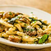 House-Made Ricotta Cavatelli With Hot Sausage & Browned Sage Butter · House-made ricotta cavatelli pasta served with hot sausage and sage sauteed in browned butte...