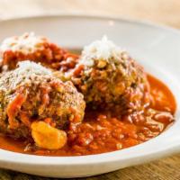 Meatballs · Three sicilian-style, all beef hand-made meatballs served with marinara and pecorino Romano ...