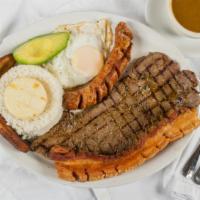 Bandeja Paisa · Colombian Platter with pork, grilled steak, chorizo and rice and beans