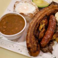 Mini Bandeja · Colombian Platter with pork, grilled steak, chorizo and rice and beans