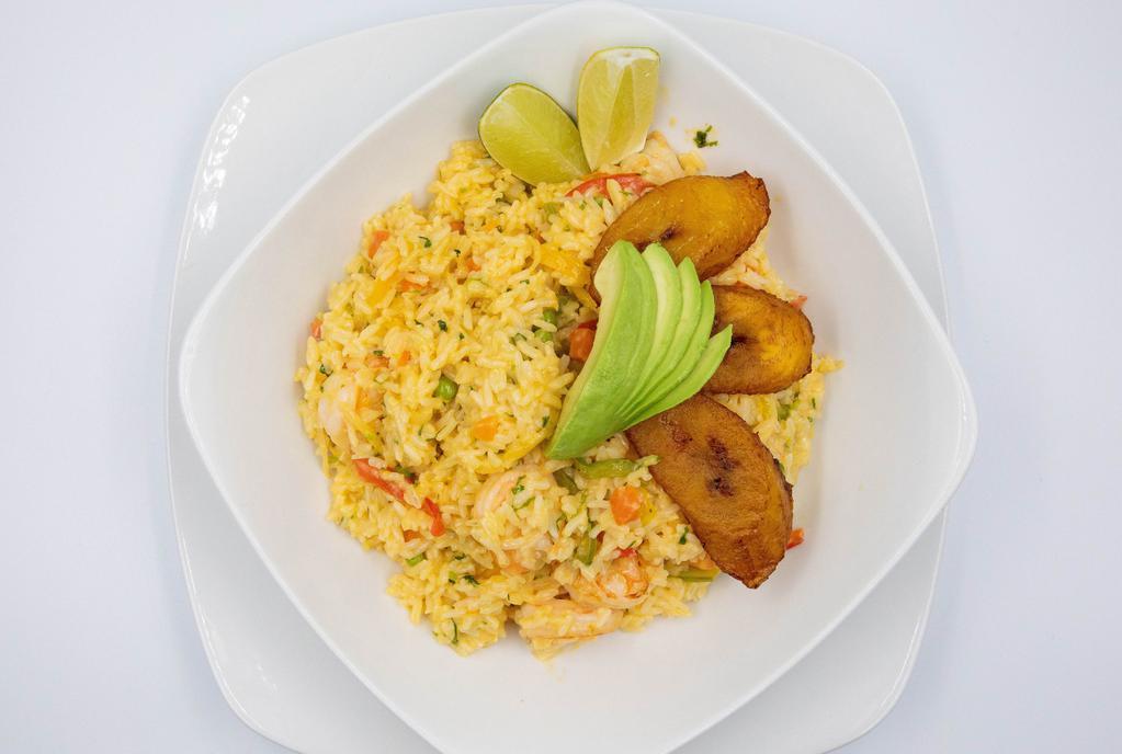 Arroz Con Camaron Shrimp Rice · Rice cooked in shrimp broth mixed with vegetables and seasoned shrimp