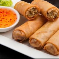 Fried Duck Spring Rolls · Spicy. Served with sweet chili sauce.