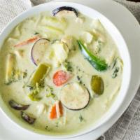 Green Curry · Spicy. Bamboo shoots, bell peppers, eggplant, carrots, American broccoli, and basil leaves i...