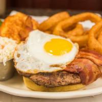 Texas Burger · With a fried egg and bacon. Our beef burgers are made on site with fresh chopped Angus meat.