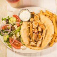 Chicken Souvlaki · Served with a pita, a small Greek salad and French fries instead of potato and vegetable.
