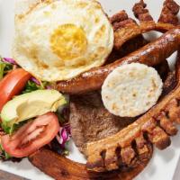 Bandeja Paisa · Beef, rice, beans, pork belly, egg, avocado, salad, plantains, corn cake and Colombian sausa...