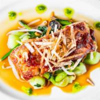 Soy Chili Glazed Atlantic Salmon · Bok choy (served medium-rare), bean sprouts, mushrooms, and. Chinese chives.