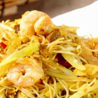 Singapore Chow Mei Fun · Thin rice noodles. A little hot and spicy curry sauce. Chicken, pork and shrimp some vegetab...