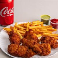 6 Pc Hot Wings · With fries and can of soda.