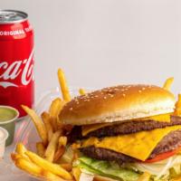 Double Cheese Burger · With fries and can of soda.