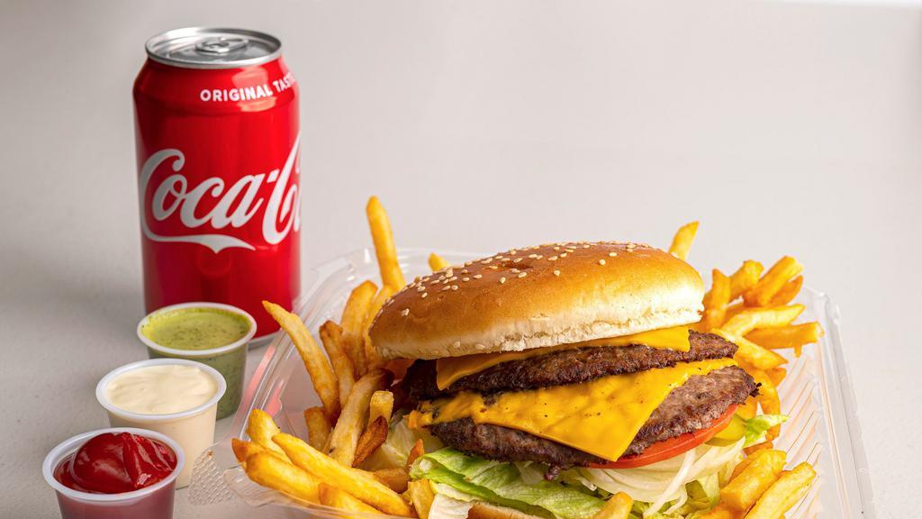 Double Cheeseburger Combo · Double cheeseburger, fries, and a can. Please specify ingredients or it will be our regular.