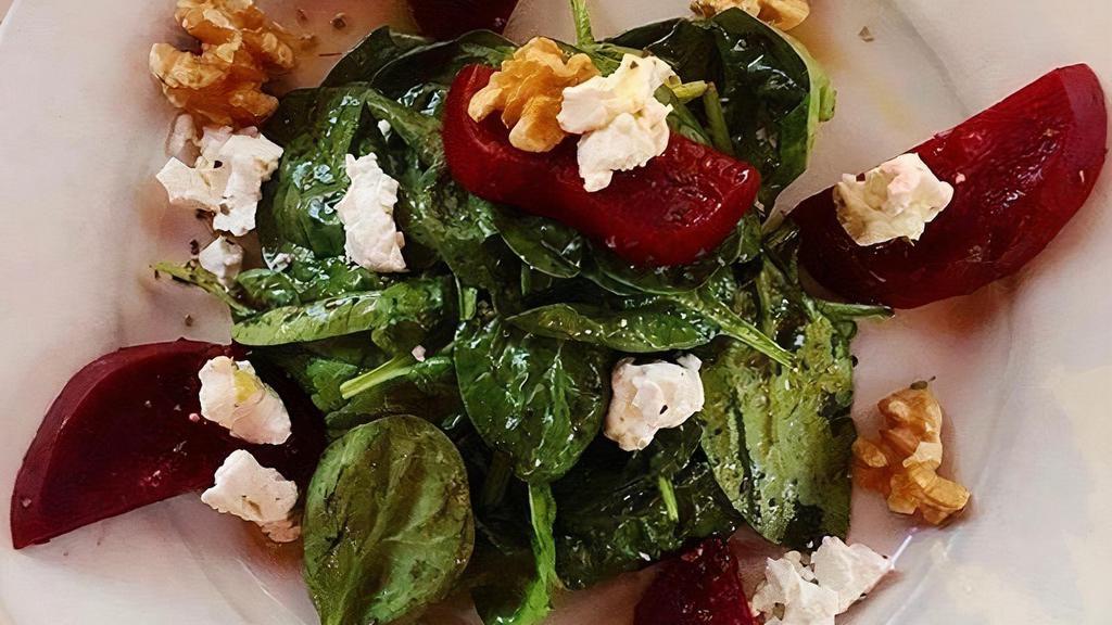 Beet Salad · Roasted Beets, Baby Spinach, Goat Cheese & Walnuts