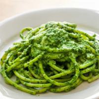 Kale Pesto · Homemade fresh spaghetti. Kale pesto with walnuts, garlic, parmigiano, in light cream sauce.