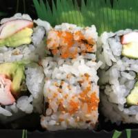 California Roll · Crab, avocado, and caviar. Inside out roll.