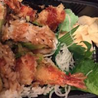 Shrimp Tempura Roll · Cooked. Shrimp tempura, avocado, cucumber, and lettuce. Served with special mayo and eel sau...