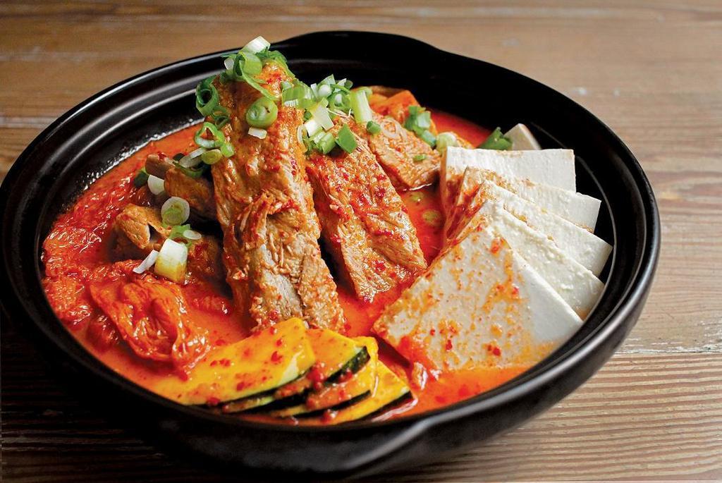 Kimchi Jjim · Homemade Kimchi & pork ribs with squash, tofu & anchovy broth (64oz) (2-3 servings)