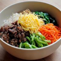 Bulgogi Bibimbap · 5 kinds of well-balanced seasoned vegetables, beef bulgogi & jidan egg over rice.