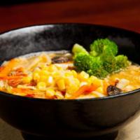 Vegetable Ramen Set · Vegan. A little spicy soup. Soy sauce, shiitake, sesame paste-based soup. Sauteed cabbage, c...