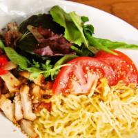 Chilled Ramen Set · Grilled pork, tomato, cucumber, arugula, egg, sesame seed, mustard side.