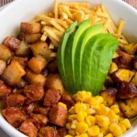 Cazuela De Frijoles · typical  Colombian dish with beans, pork cracking, Colombian sausage, sweet plantain, rice a...