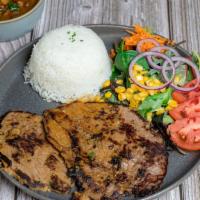 Carne A La Plancha · -grilled steak served with rice, salad and soup or beans
-carne a la plancha acompanada con ...