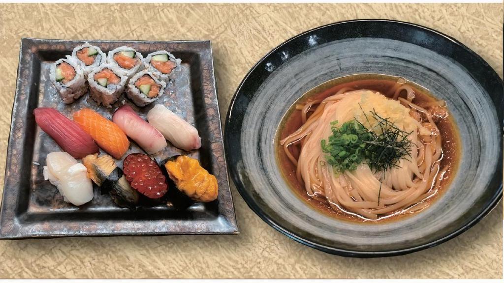 Premium Omakase · come with FULL-SIZE CHOICE OF UDON. tuna, salmon, hamachi, white fish, scallop, unagi, uni, ikura + any roll.