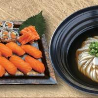 Salmon Lover · come with FULL-SIZE CHOICE OF UDON. 8 pcs salmon nigiri, spicy salmon roll, salmon sashimi.