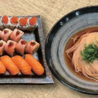 Deluxe Salmon Lover · come with FULL-SIZE CHOICE OF UDON. 5 pcs Salmon Nigiri, Seared Salmon Snow Crab Roll, Salmo...