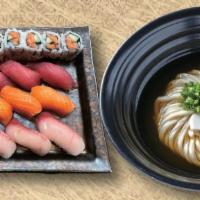Tri-Color · come with FULL-SIZE CHOICE OF UDON. Tuna, Salmon and Hamachi Nigiri, Spicy Tuna Roll, Sashimi.