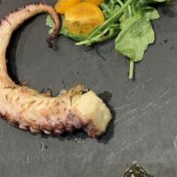 Grilled Octopus · Spicy. Wild-caught octopus from Spain, Hatcho miso sauce, heirloom tomato arugula salad.